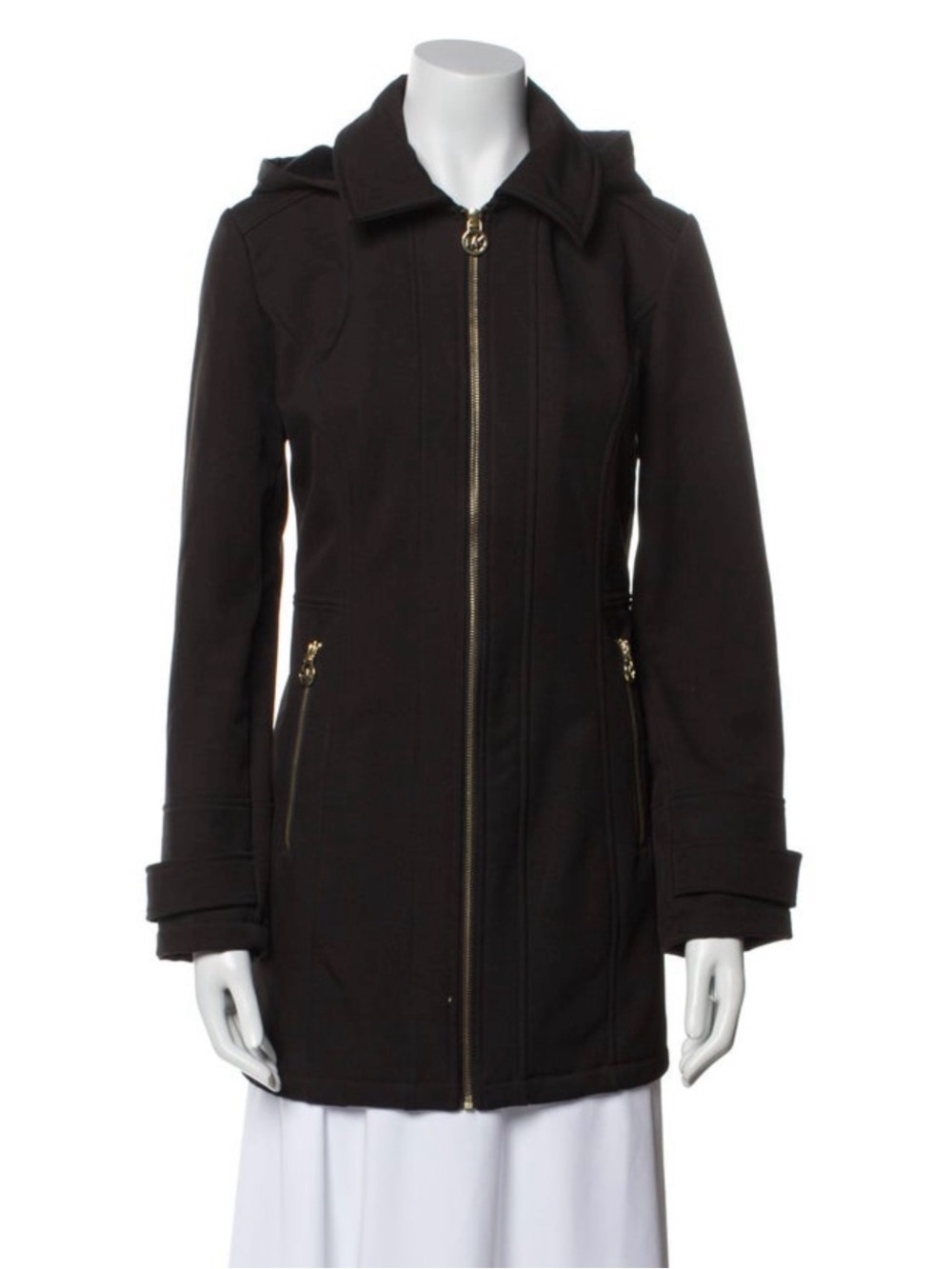 Michael Kors Black Long Zip Front Trench Coat with Hood